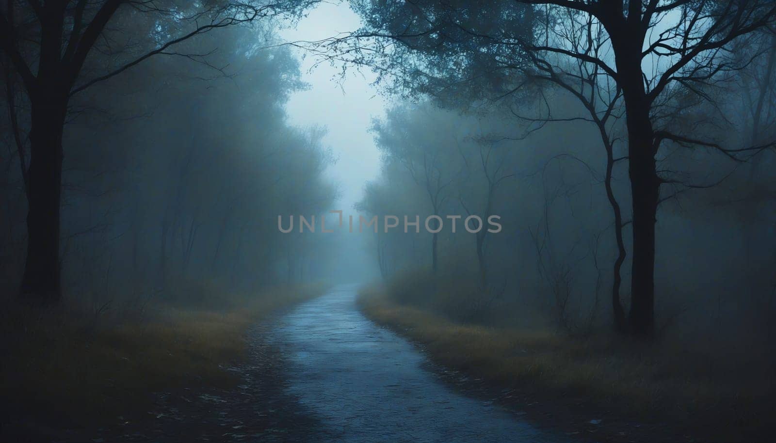 A soft, winding path disappears into a fog-laden forest, with ghostly trees standing sentinel. The atmosphere feels serene yet mysterious, beckoning quiet reflection.