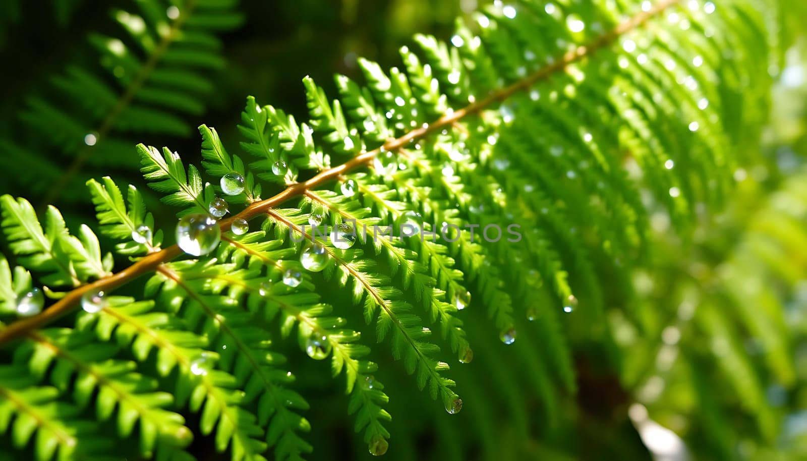 A close-up shot of dew drops clinging to the delicate fronds of a fern plant. The sunlight creates a beautiful bokeh effect, highlighting the natural beauty of the foliage. This image can be used for various purposes, including nature documentaries, environmental campaigns, and botanical illustrations. Its vibrant green tones and water droplets evoke feelings of freshness, serenity, and the beauty of nature.