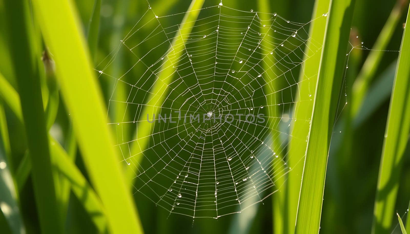 A close-up shot of a spider web with dew drops, captured in a natural setting. The web is delicate and intricate, showcasing the beauty of nature's craftsmanship. The vibrant green grass creates a contrasting backdrop, highlighting the intricate details of the web. This image can be used for a variety of purposes, including nature documentaries, educational materials, or as a beautiful decorative piece. It evokes a sense of tranquility and wonder, capturing the delicate balance of life in the natural world.,