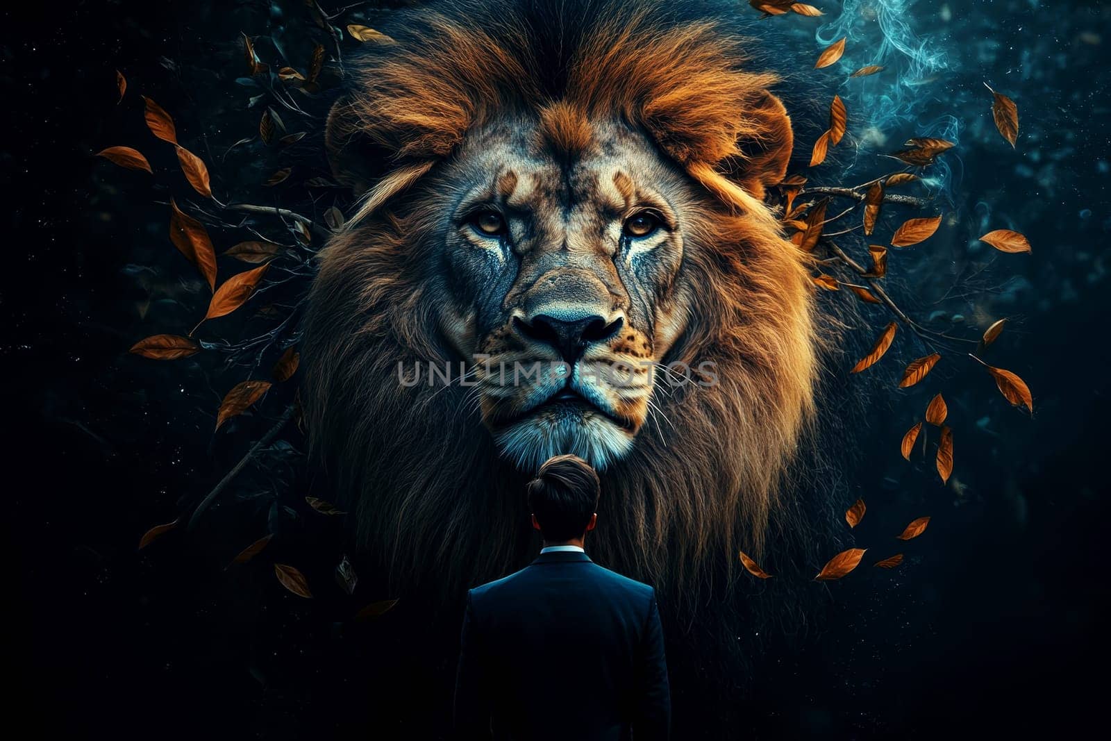 A man in a suit faces a majestic lion, symbolizing a powerful confrontation between human determination and nature's raw strength. ai generative.
