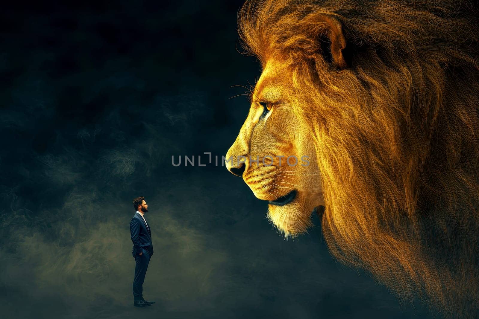 A man in a suit faces a majestic lion, symbolizing a powerful confrontation between human determination and nature's raw strength. ai generative.