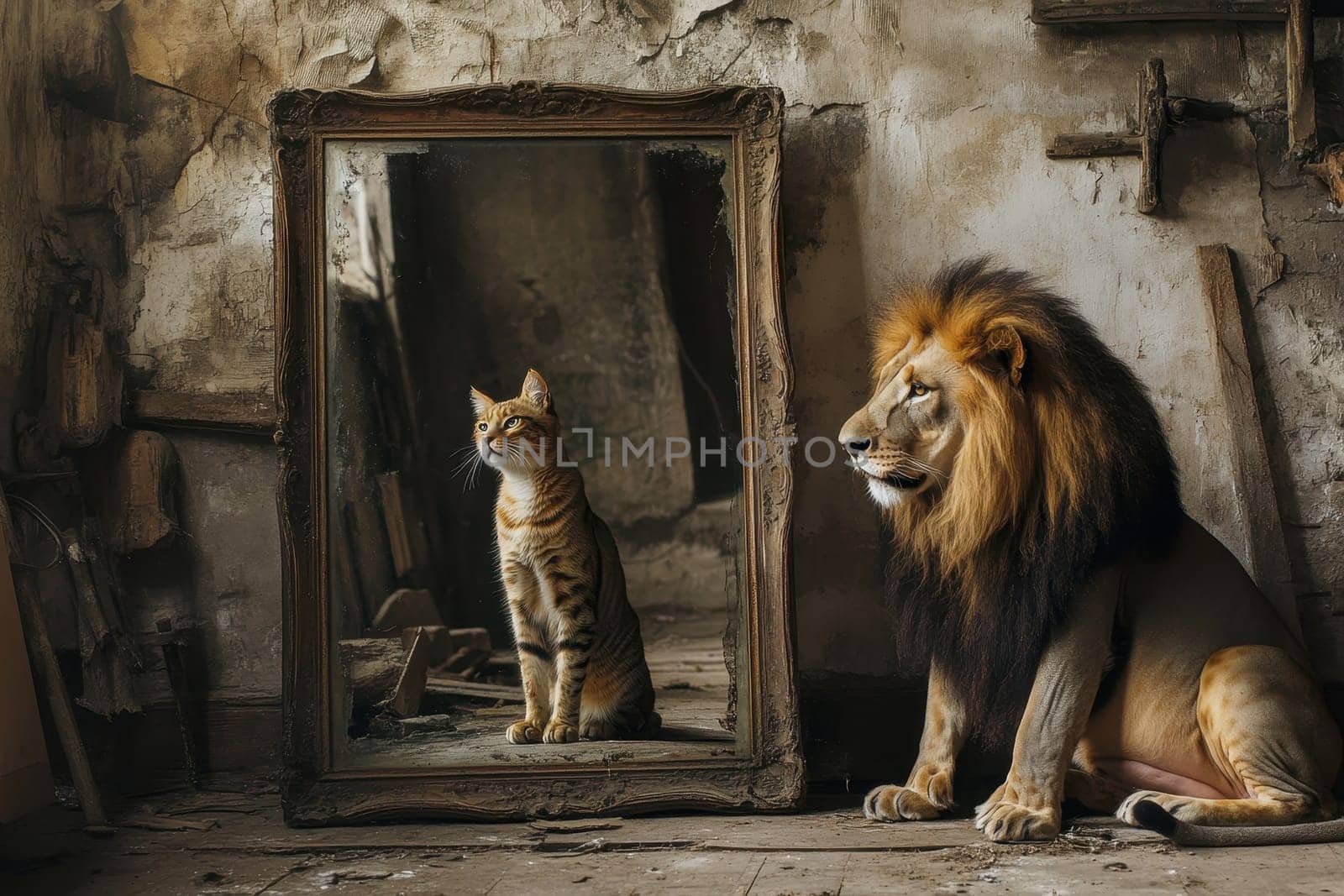 A lion gazes into a mirror, revealing a cat reflected back. This captivating image sparks reflection on inner manner. High quality illustration