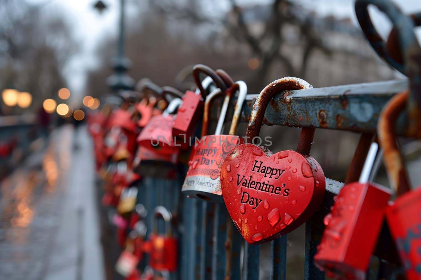 Love Locks on a Bridge, A close-up of a collection of love locks attached to a bridge railing. The image symbolizes everlasting love and commitment. valentine concept.