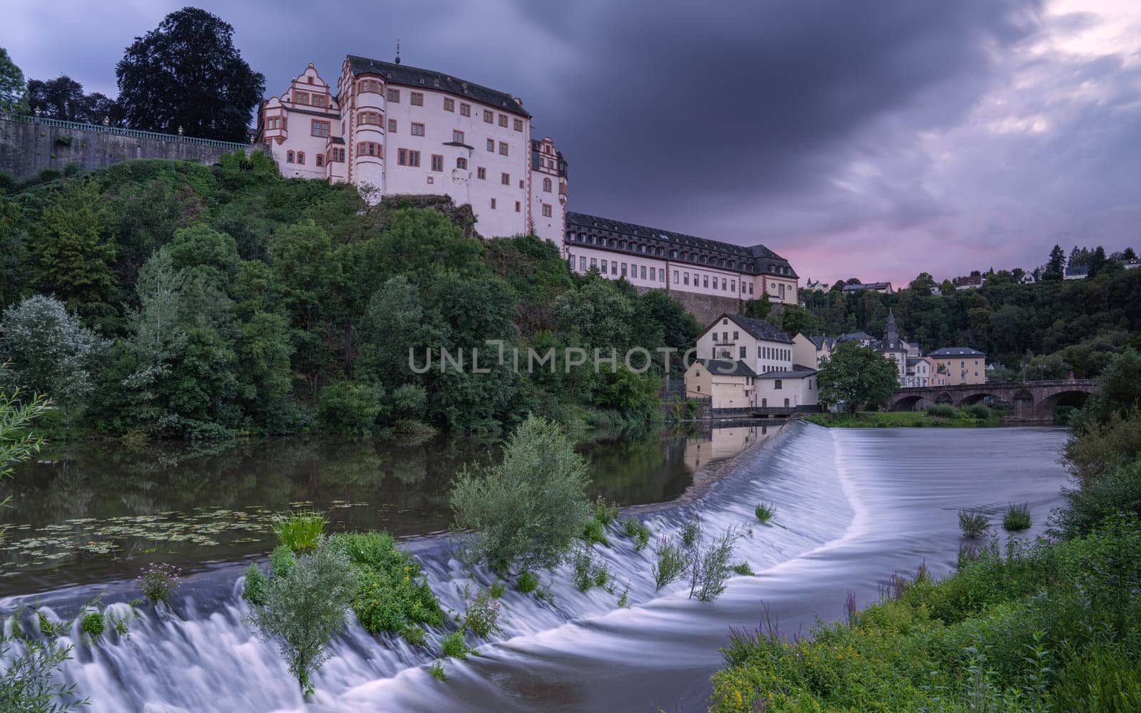 Panoramic image of historic buildings of Weilburg close to the Lahn river; Hesse; Germany