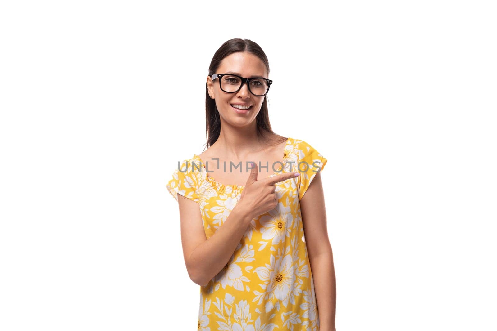 young positive smiling caucasian woman with vision glasses on white background by TRMK