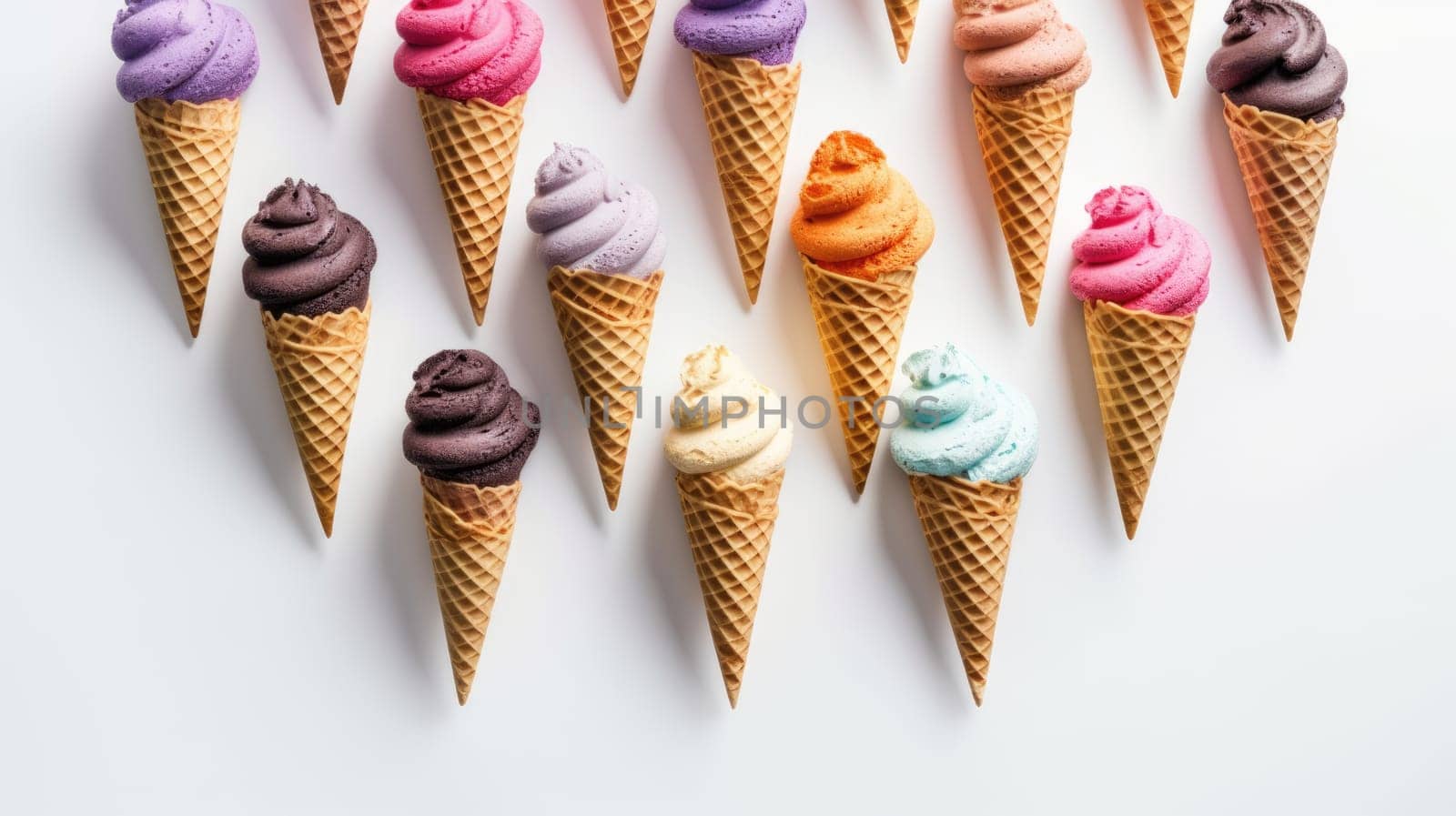 Top view photo of many ice cream, colorful, wafer cones, maximalism, isolated pastel white background with copyspace. Generative AI image weber.