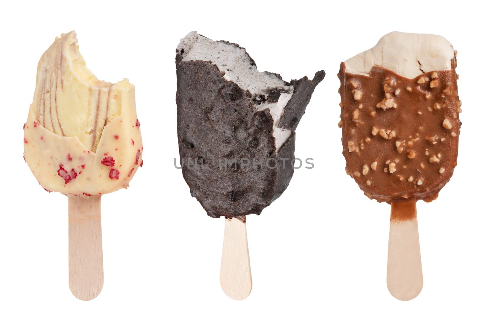 Chocolate ice cream on a stick isolated on a white background. Three portions of bitten ice cream in chocolate glaze of different sizes and different colors for insertion into the project by SERSOL