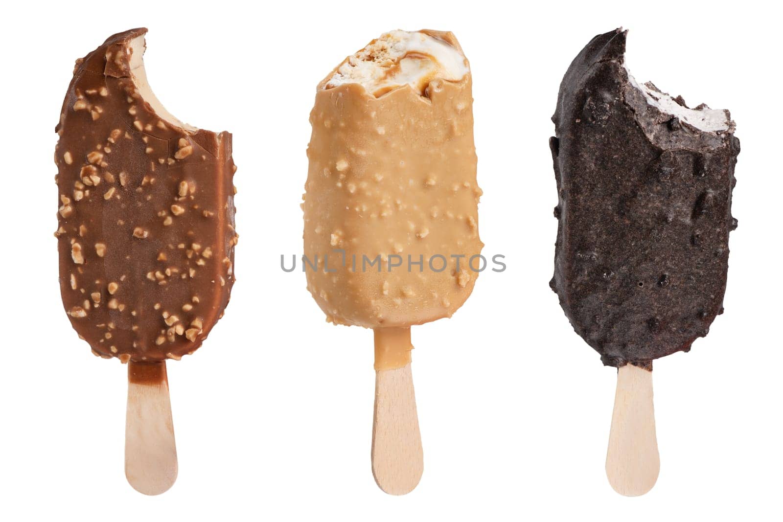 Chocolate ice cream on a stick isolated on a white background. Three portions of bitten ice cream in chocolate glaze of different sizes and different colors for insertion into the project by SERSOL