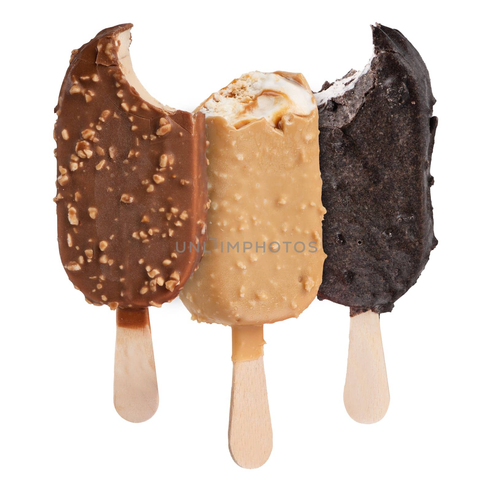 Chocolate ice cream on a stick isolated on a white background. Three portions of bitten ice cream in chocolate glaze of different sizes and different colors for insertion into the project.