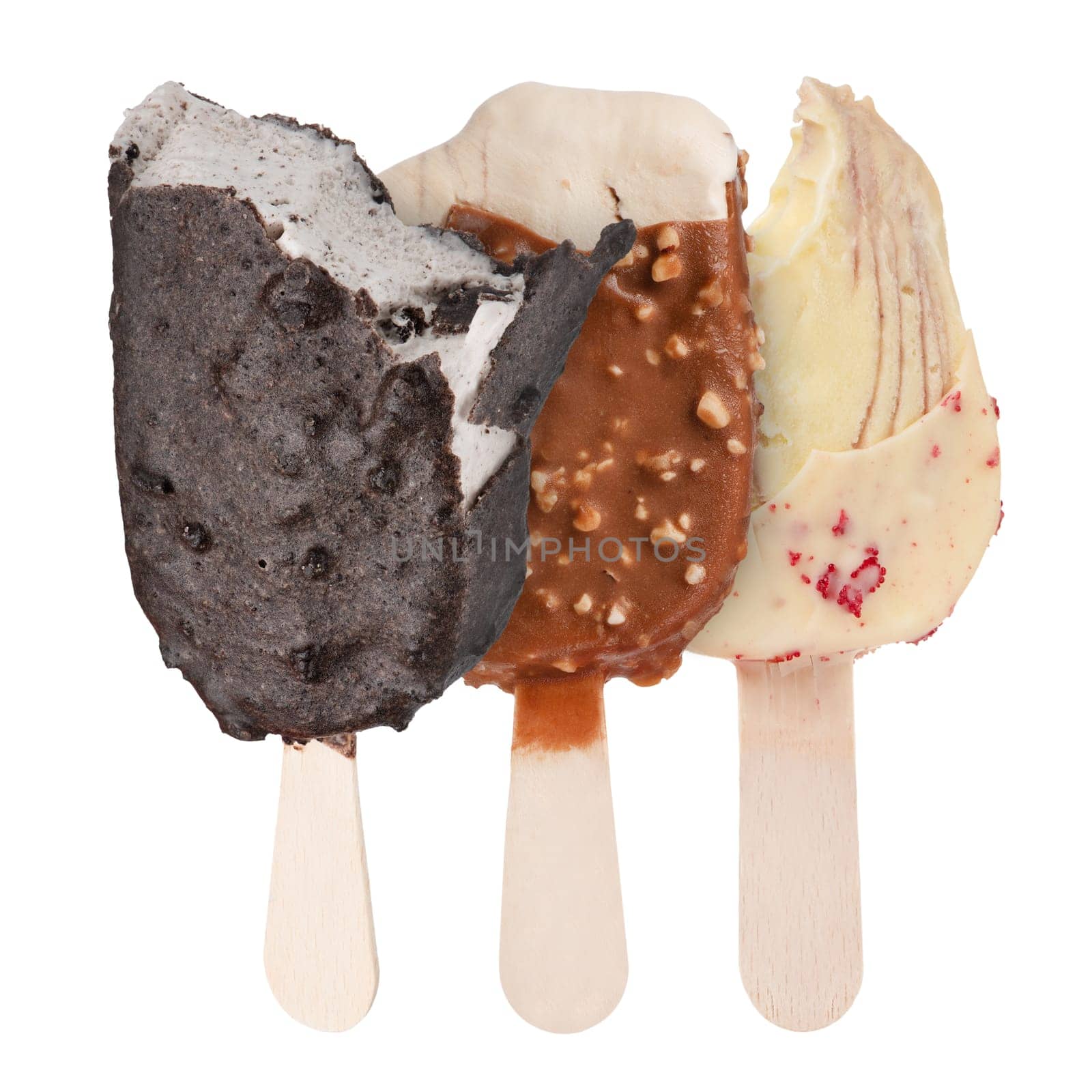 Chocolate ice cream on a stick isolated on a white background. Three portions of bitten ice cream in chocolate glaze of different sizes and different colors for insertion into the project.