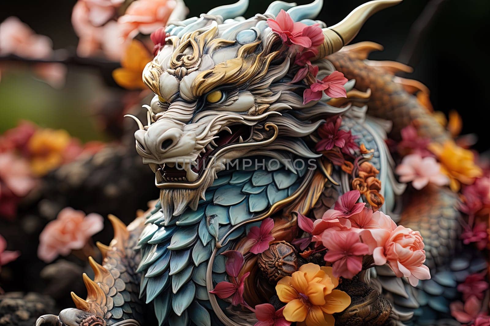 Chinese dragon, in the style of detailed multi-layered compositions, fantastic character colorful wood carvings, intricate floral arrangements, close-up, colorful bright background. ai generative art