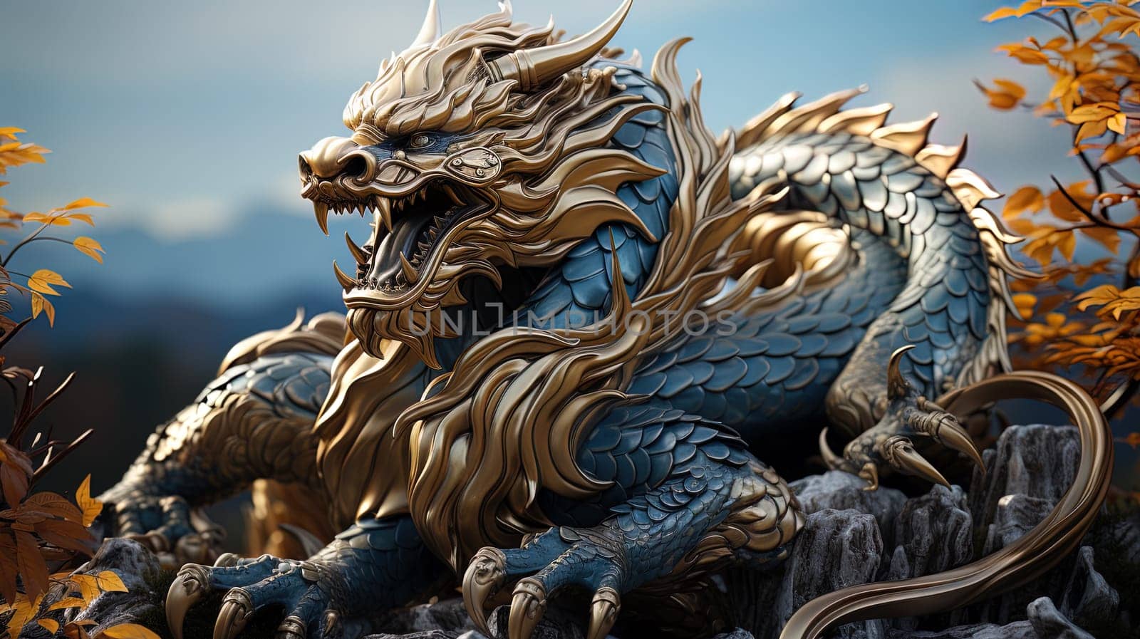 Chinese dragon, in the style of detailed multi-layered compositions, fantastic character colorful wood carvings, intricate floral arrangements, close-up, colorful bright background. ai generative art