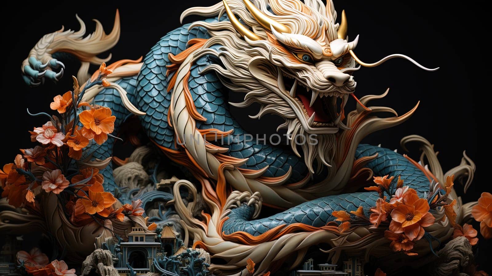 Chinese dragon, in the style of detailed multi-layered compositions, fantastic character colorful wood carvings, intricate floral arrangements, close-up, colorful bright background. ai generative art