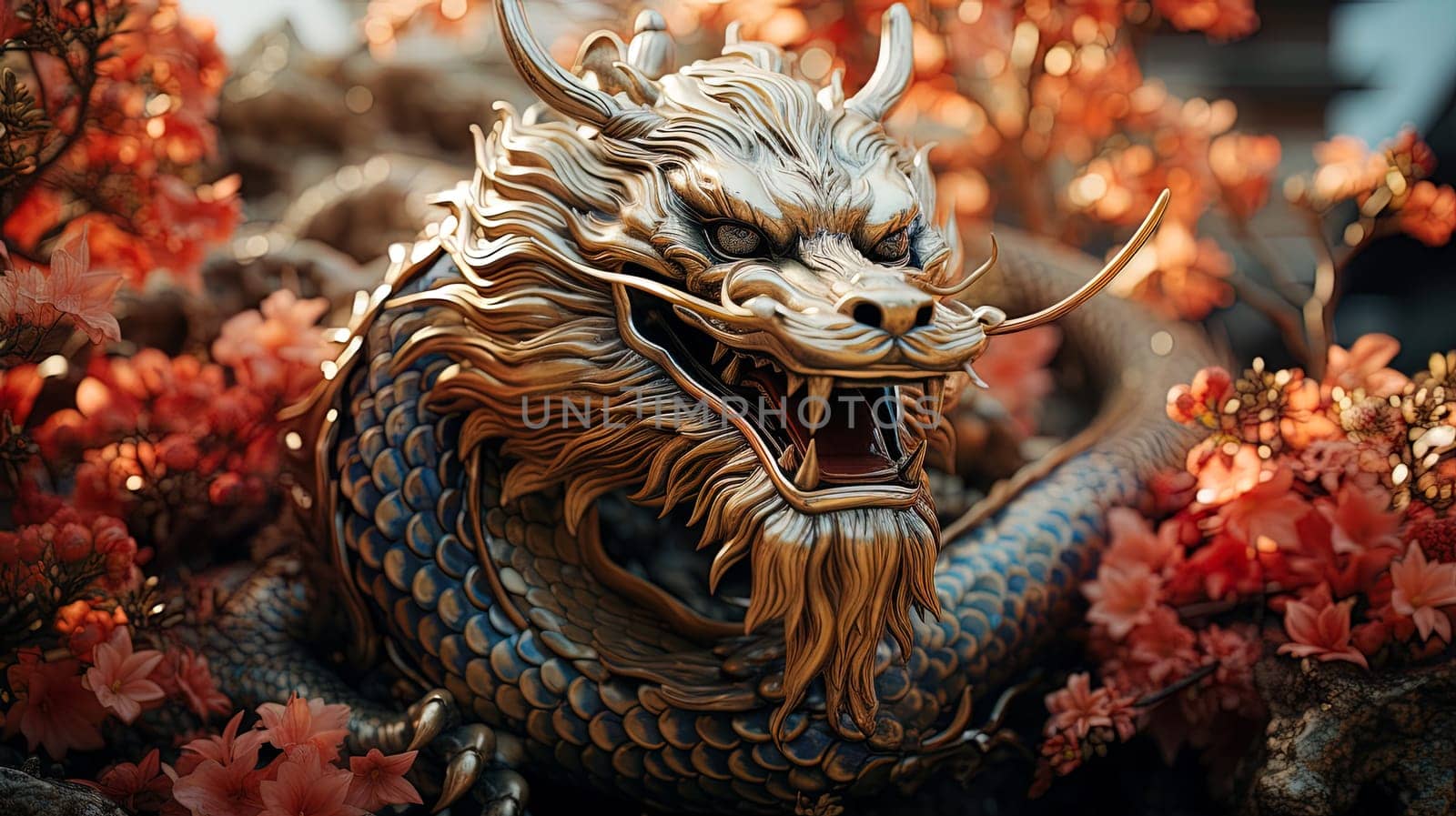 Chinese dragon, in the style of detailed multi-layered compositions, fantastic character colorful wood carvings, intricate floral arrangements, close-up, colorful bright background. ai generative art