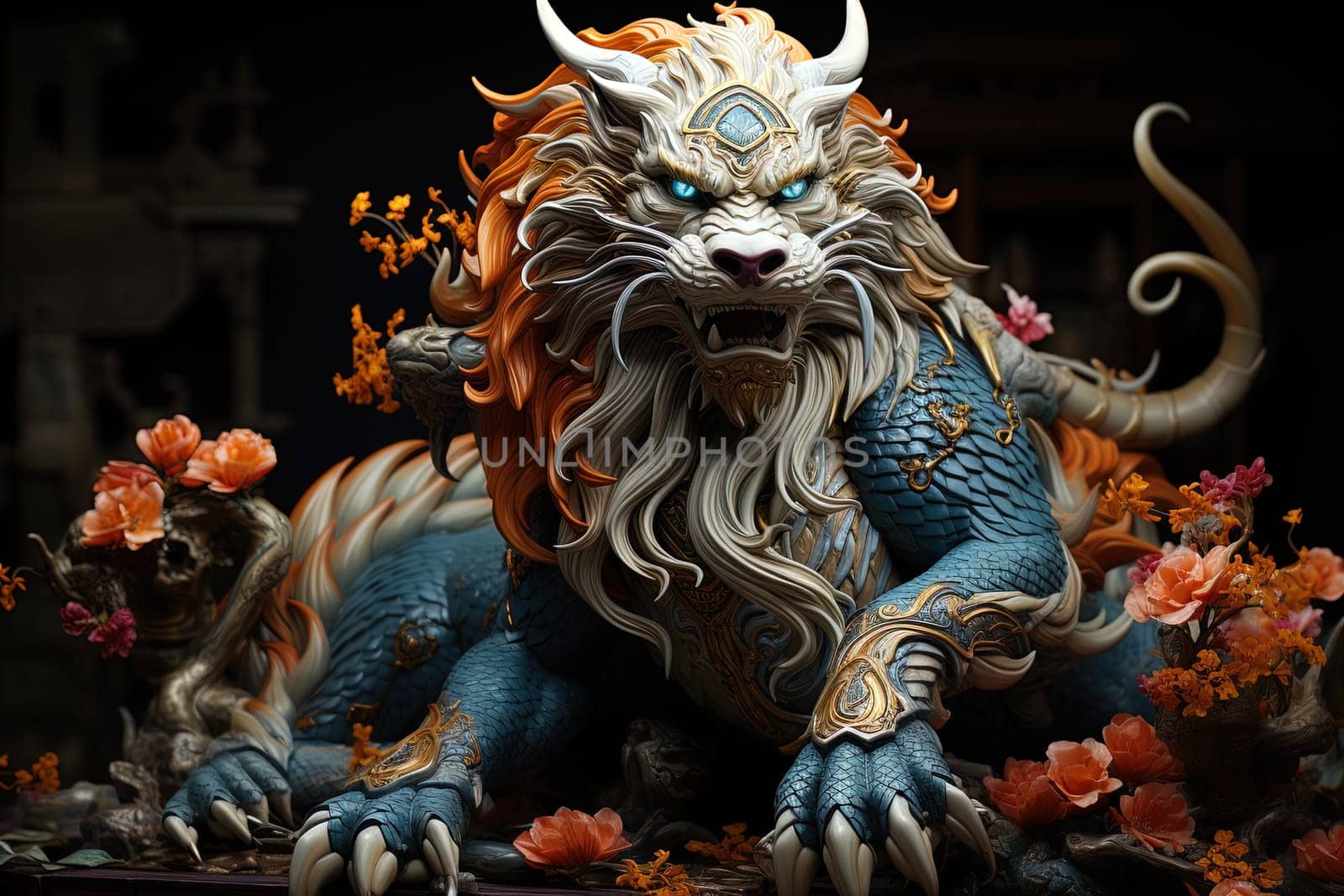 Chinese dragon, in the style of detailed multi-layered compositions, fantastic character colorful wood carvings, intricate floral arrangements, close-up, colorful bright background. ai generative art