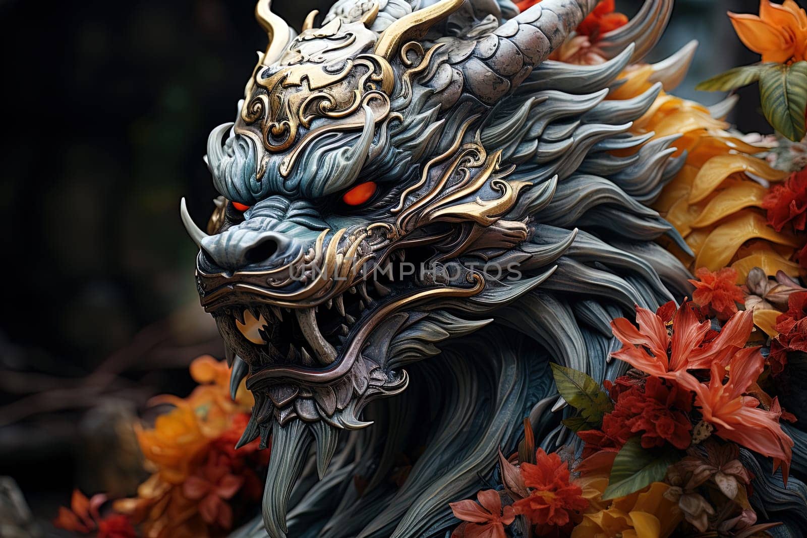Chinese dragon, in the style of detailed multi-layered compositions, fantastic character colorful wood carvings, intricate floral arrangements, close-up, colorful bright background. ai generative art