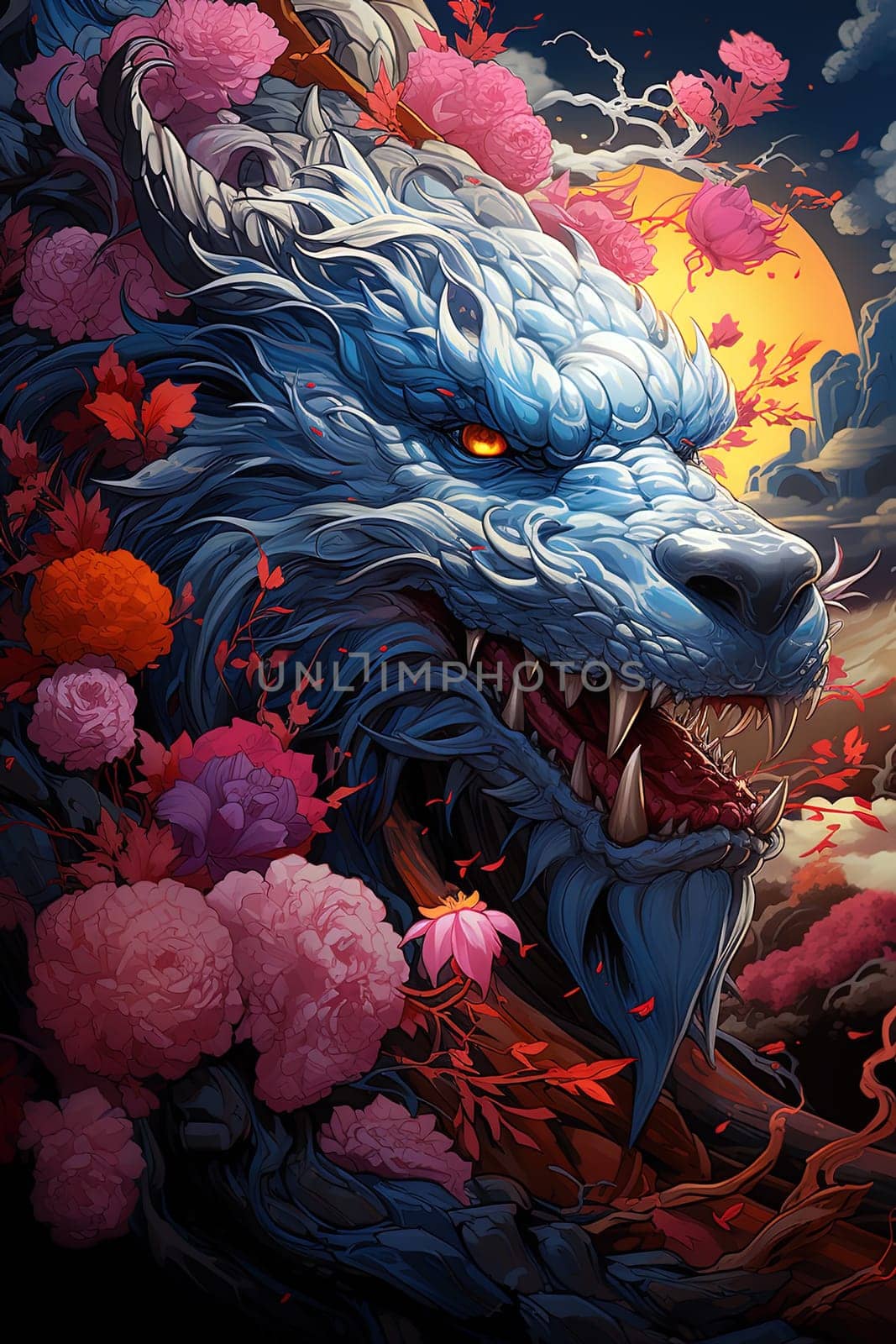 Fantastical dragon , in cartoon style, close-up, fantastic character, colorful bright background.ai generative art,