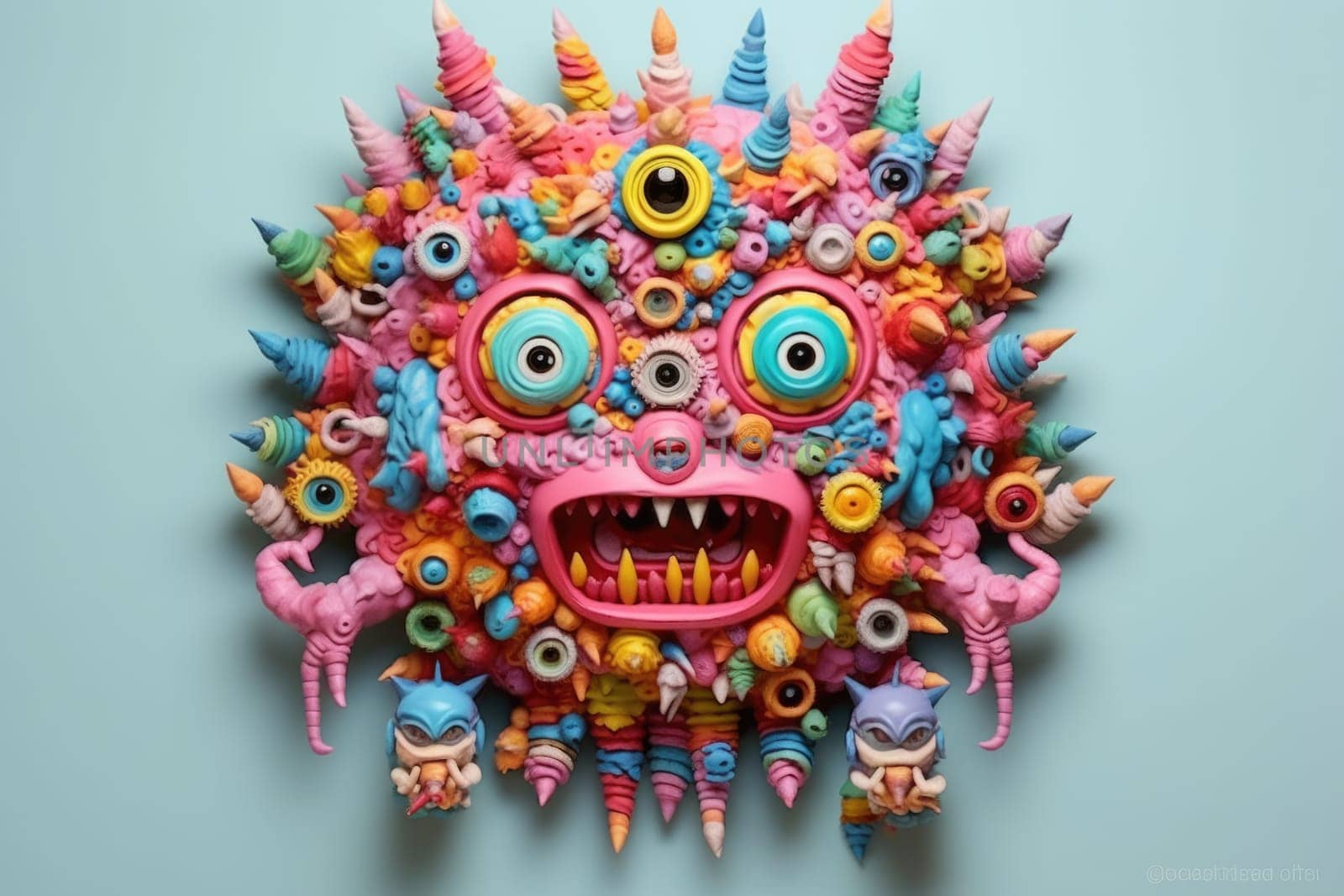 The monster on the wall is covered with candy, in the style of pop culture collages, organic sculptures, kombuchapunk, green and amber, vibrant, catcore, caninecore. Generative AI image weber.