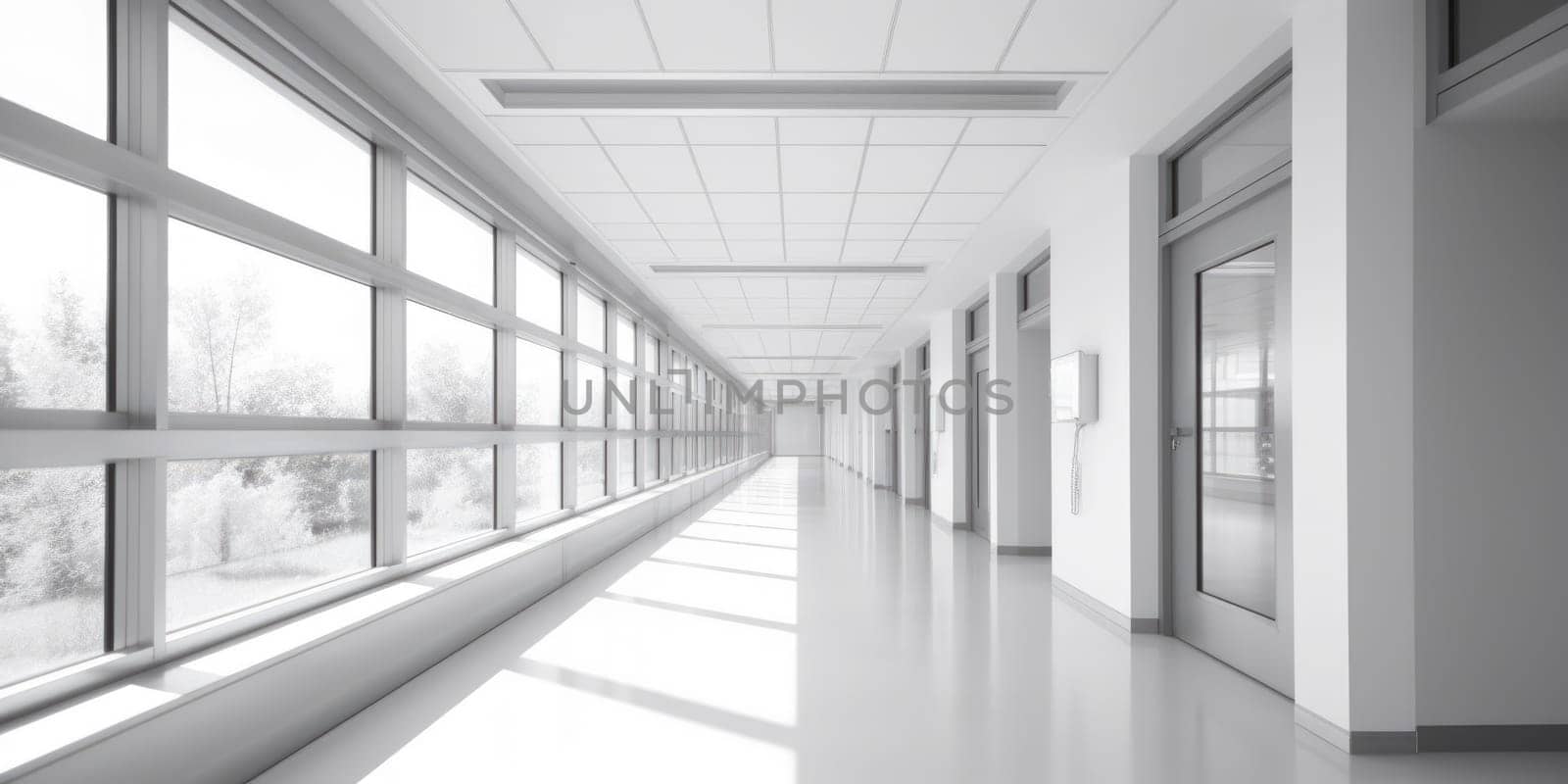 Hospital corridor with windows, in the style of bokeh, light gray, bauhaus, light white, skillful. Generative AI image weber.