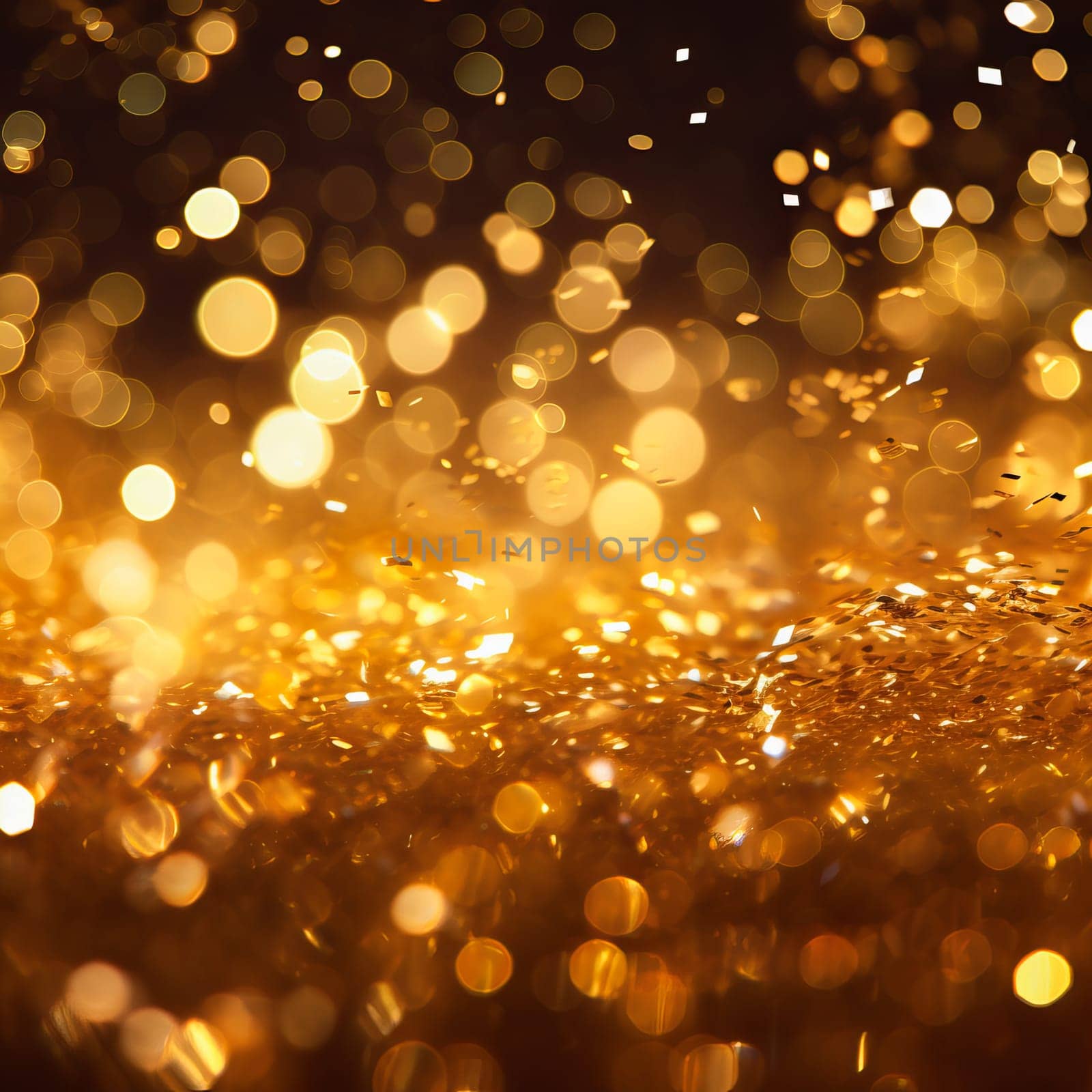 Beautiful abstract glowing gold glitter and bokeh sparkle background. Ai art