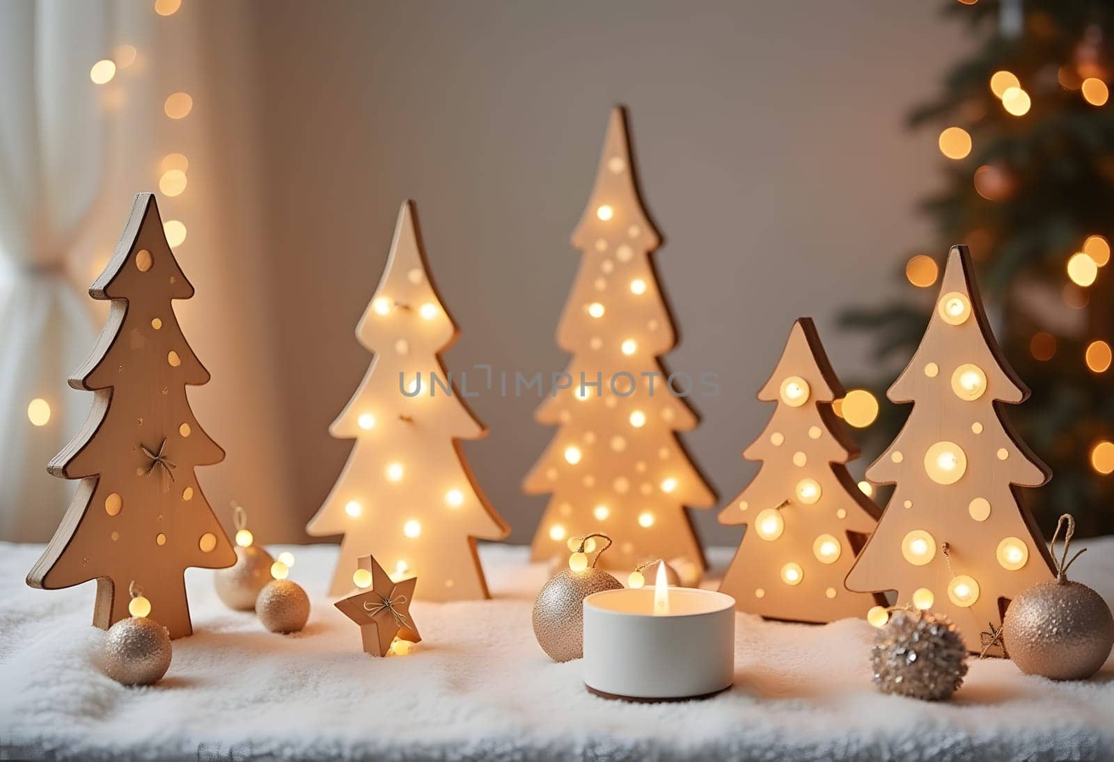 Minimalist Scandinavian Christmas ornaments featuring pine trees and garlands, festive decor