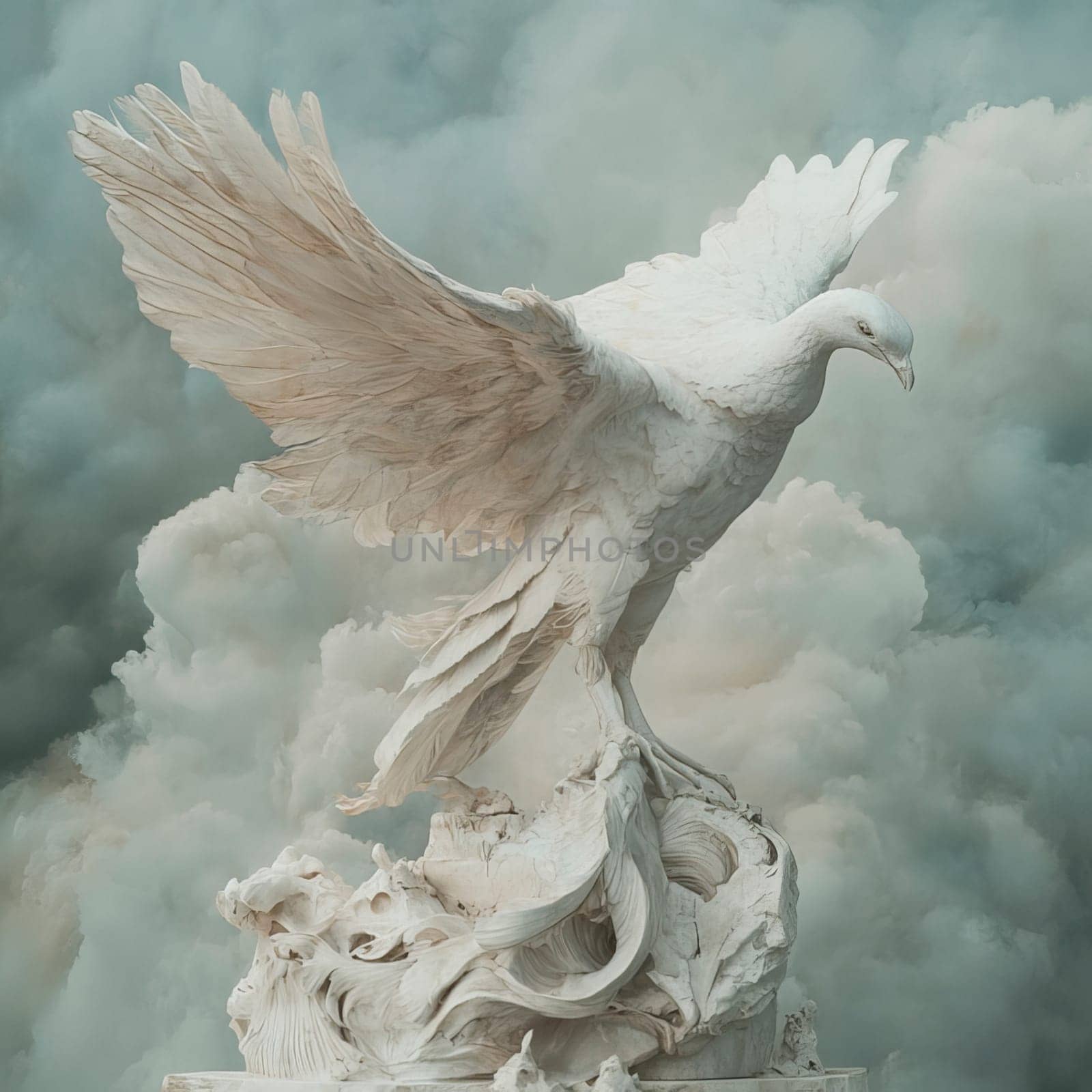 Eagle carved from white marble. Marble statue. Ai art