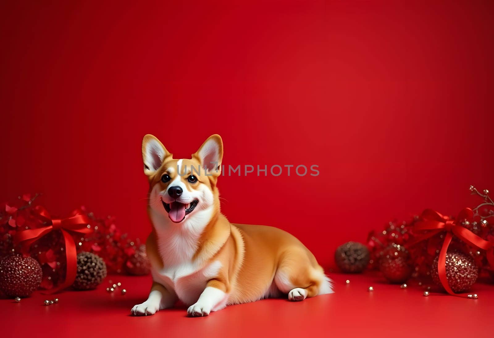 Corgi lounging in red Christmas interior with holiday decorations, cozy festive scene