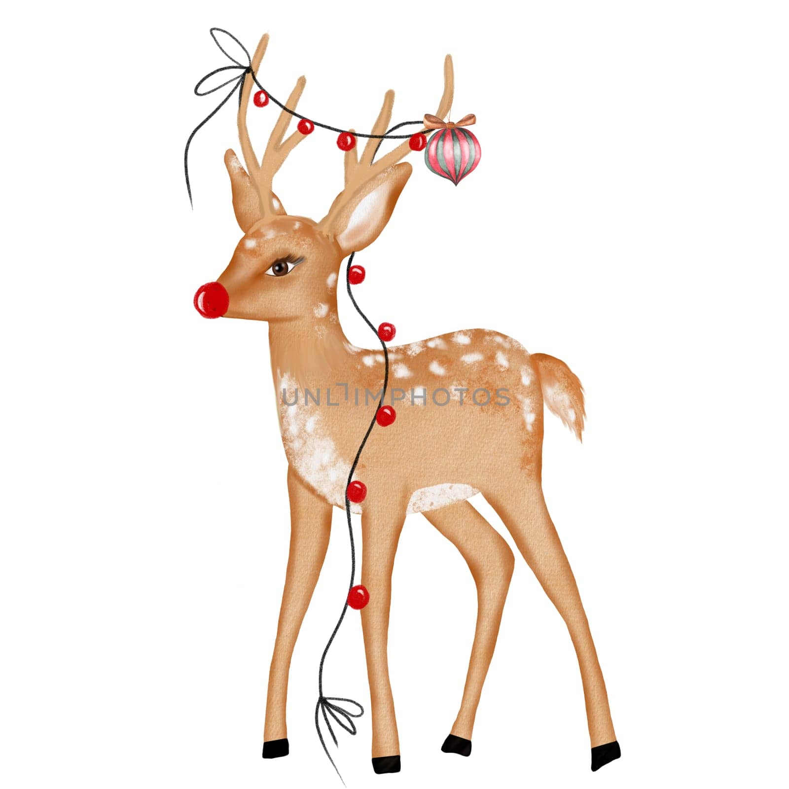 Christmas deer watercolor. Hand drawn forest animal on isolated white background. New Year card template. Ideal for greeting card and poster. High quality illustration