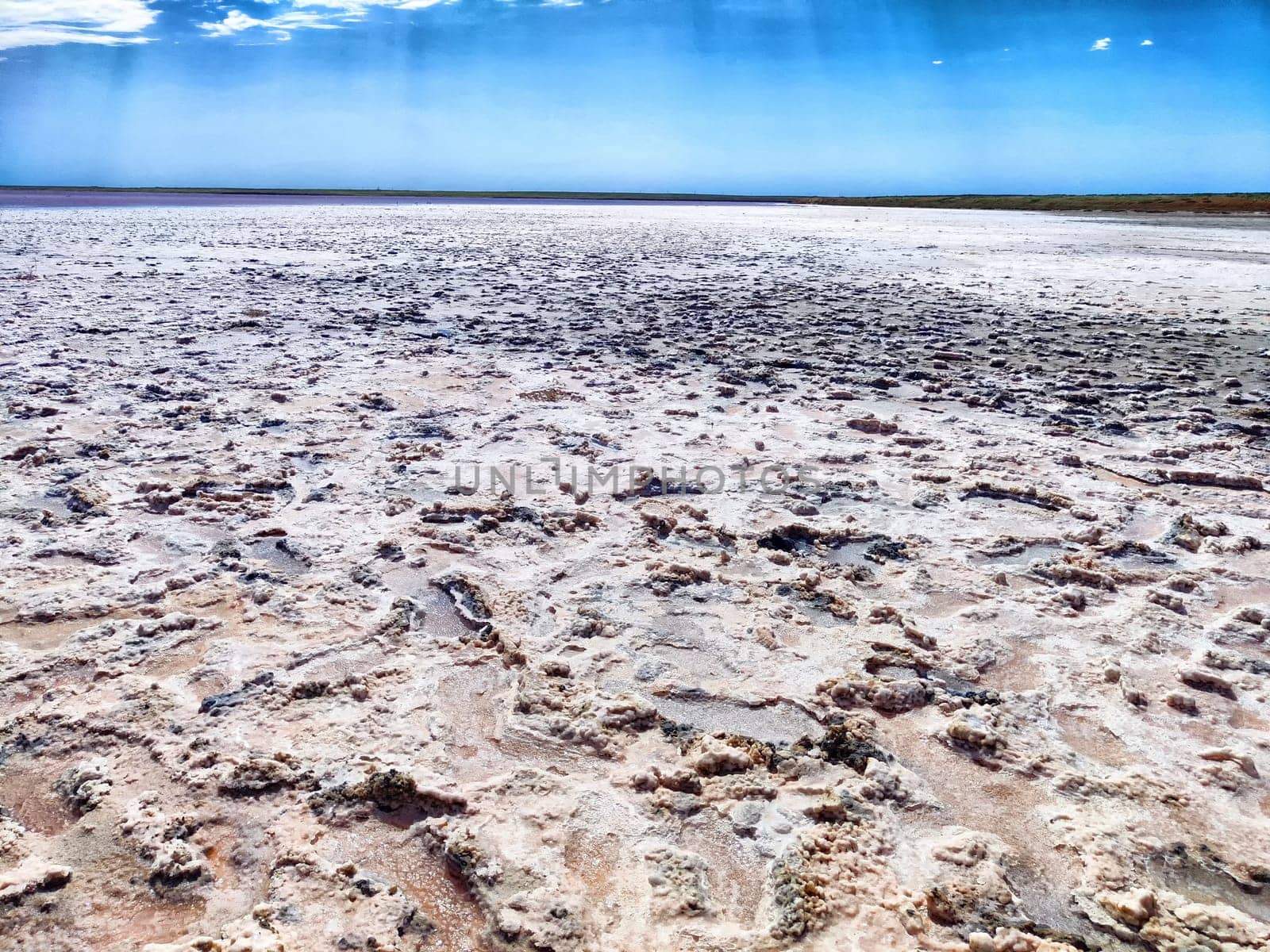 A vast expanse of cracked salt crust stretches into the distance, illuminated by the bright sunlight at a tranquil salt lake.