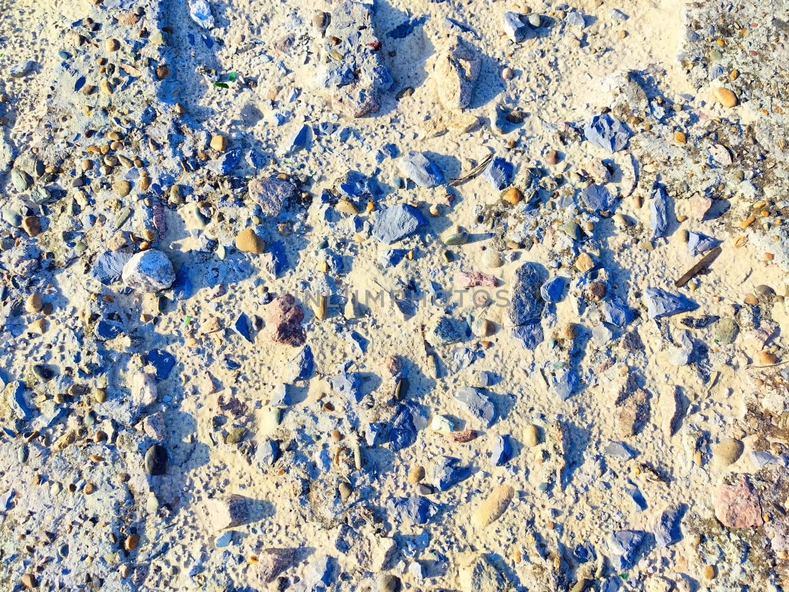 A range of colorful shells and stones is scattered across the light sandy beach under clear blue skies.