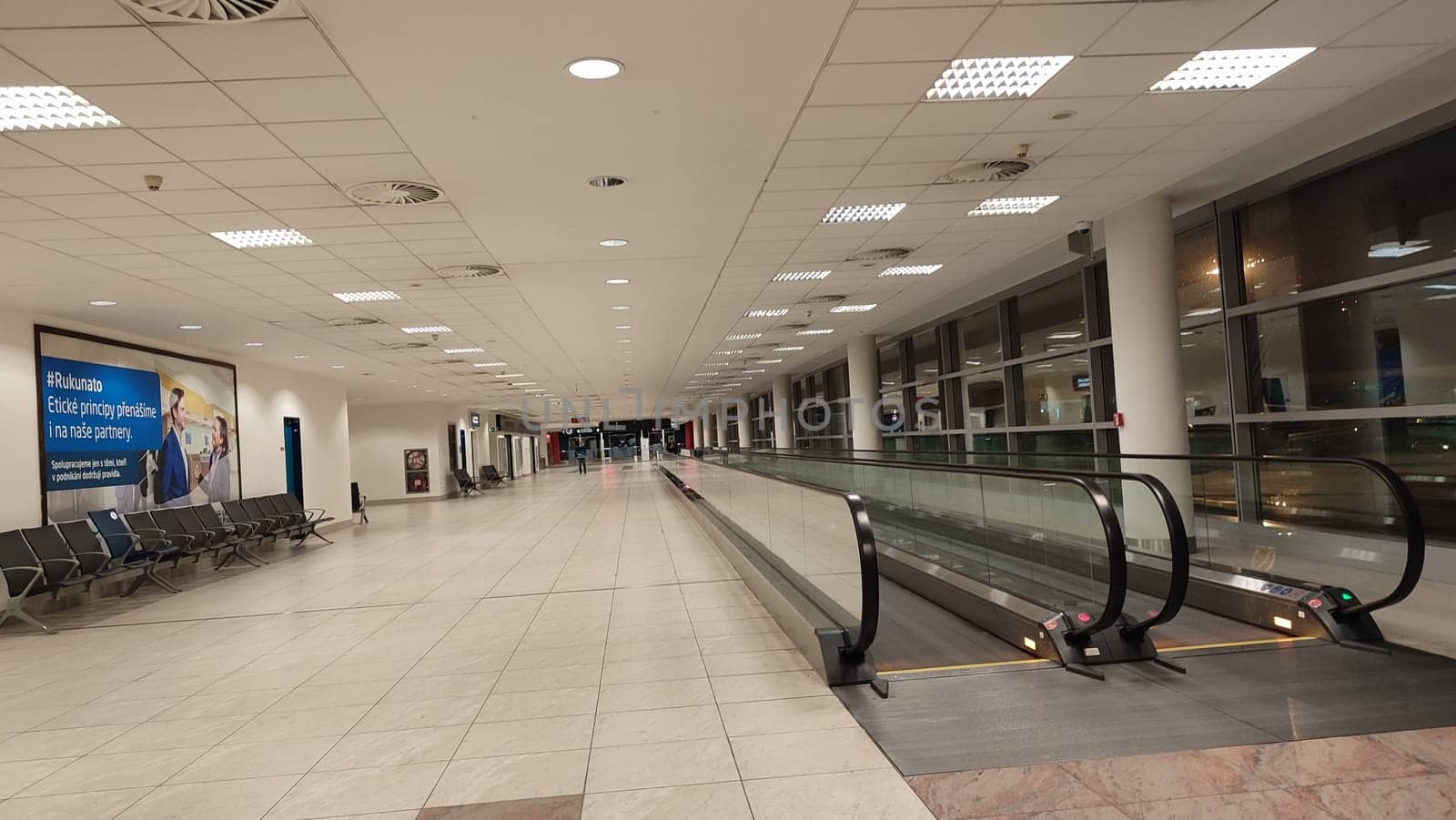October 26, 2024 Prague Czech Republic, Vaclav Havel Airport, escalator, terminal lobby. High quality photo