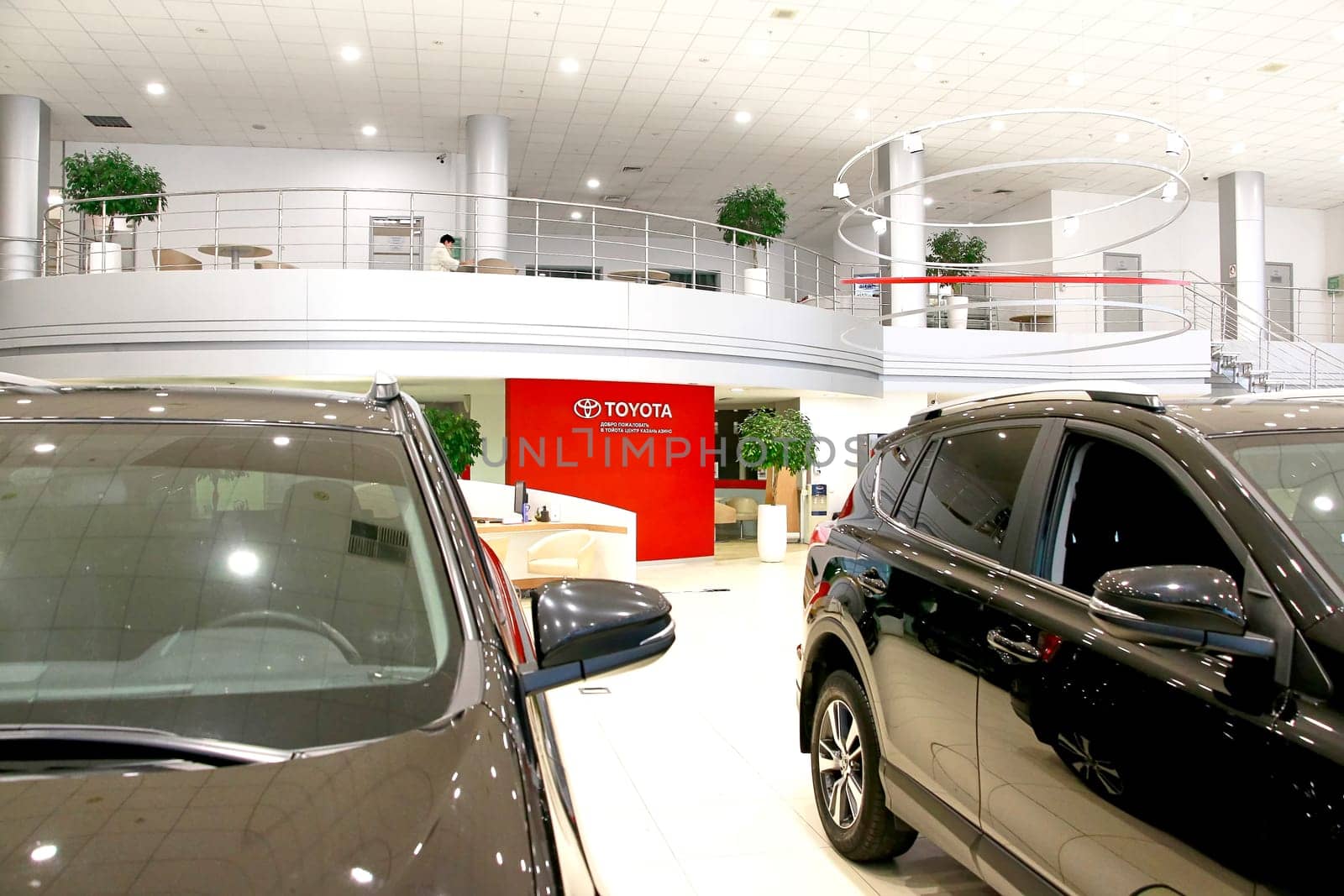 Kazan, Russia - November 25, 2022: Cars in showroom of dealership Toyota in Kazan in Russia