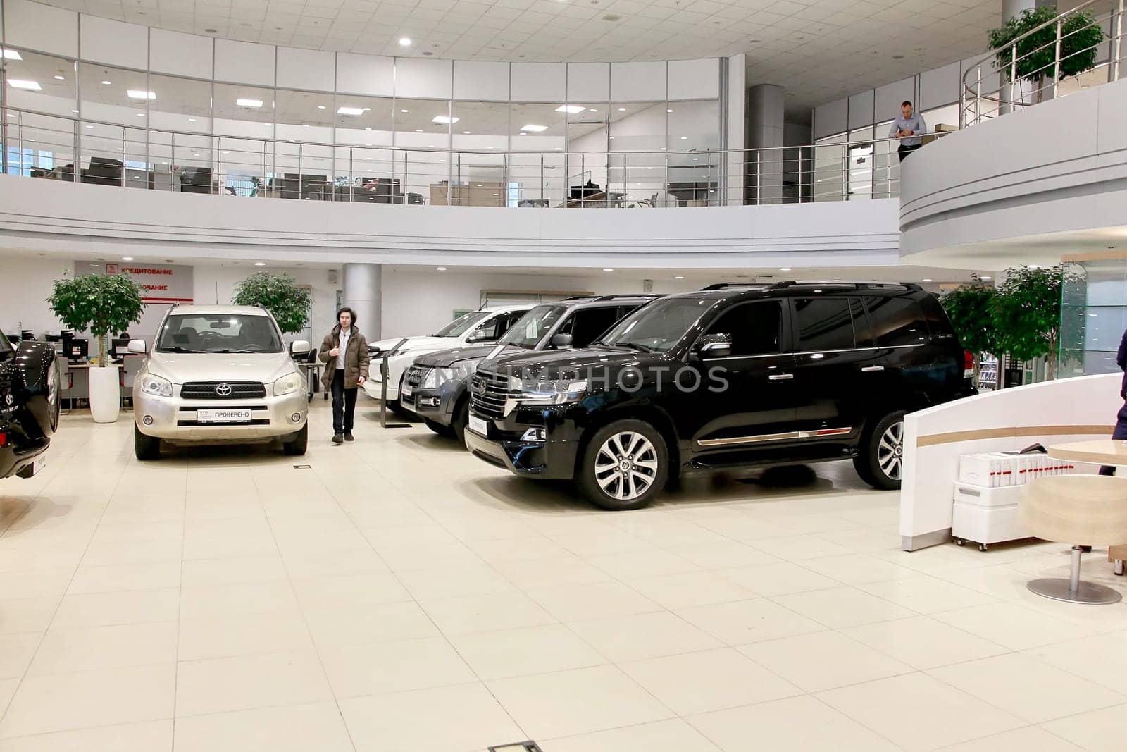 Kazan, Russia - November 25, 2022: Cars in showroom of dealership Toyota in Kazan in Russia