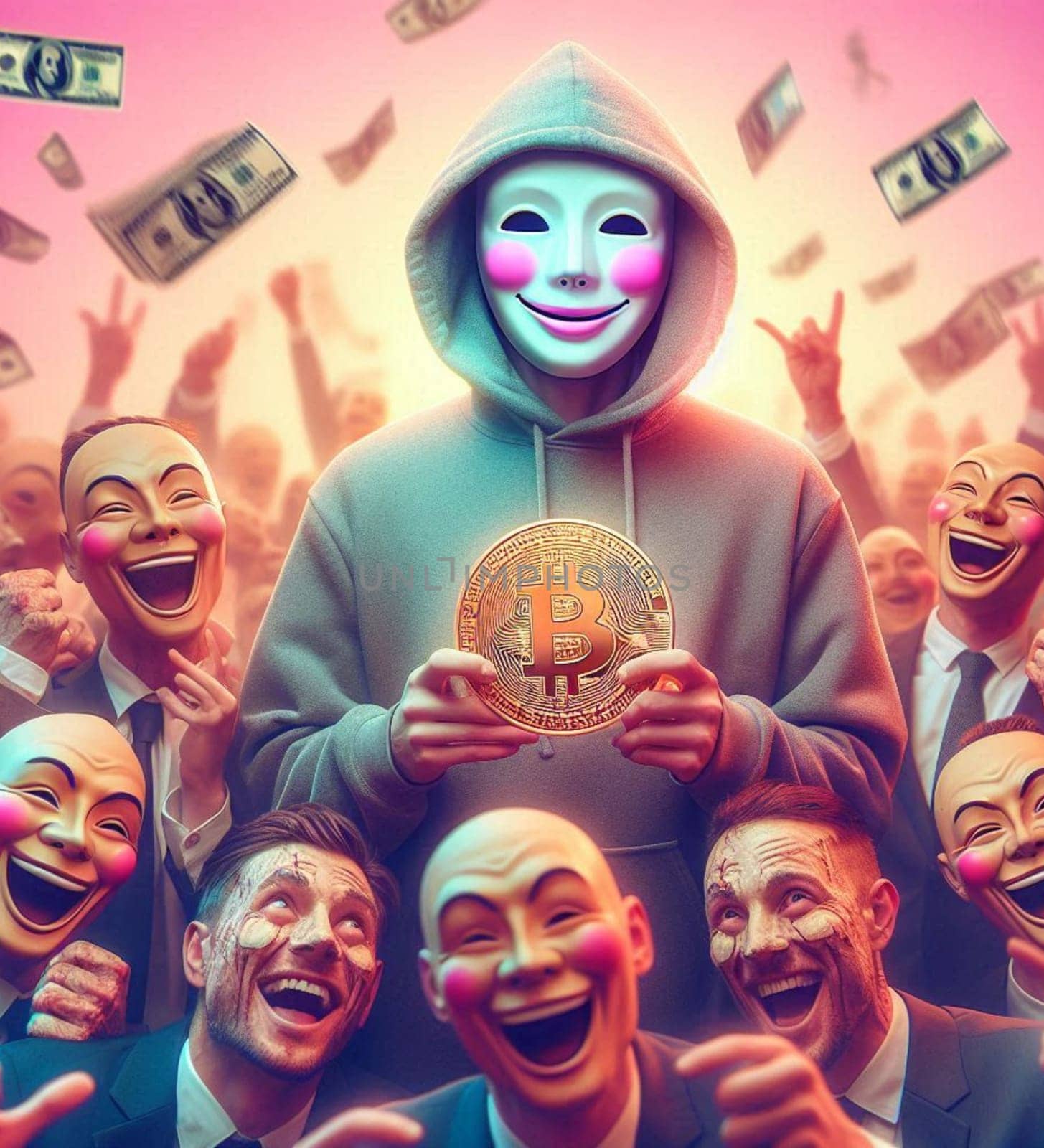 A man is holding a gold coin in front of a crowd of people. The crowd is made up of various faces, some of which are smiling and others are laughing. Concept of excitement and joy