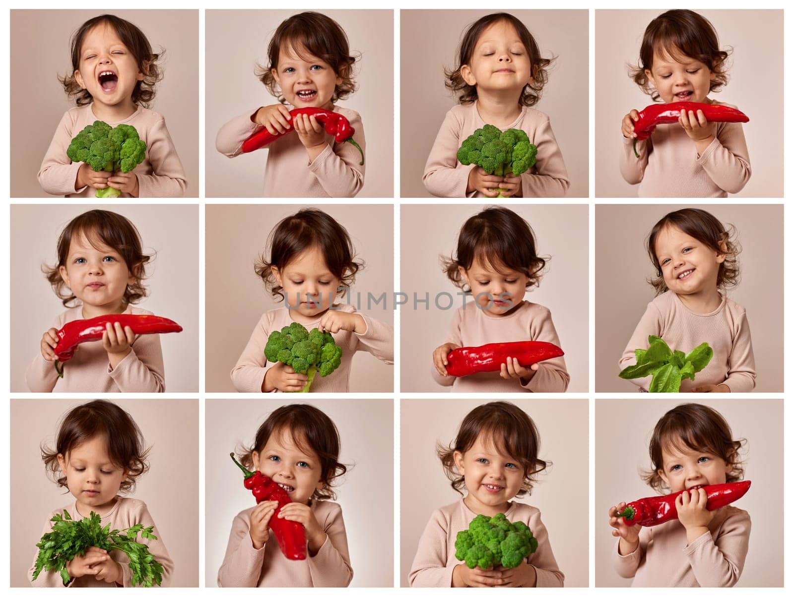 set of portraits of happy child girl with fresh green broccoli on beige background. healthy baby food. kid loves vegetables