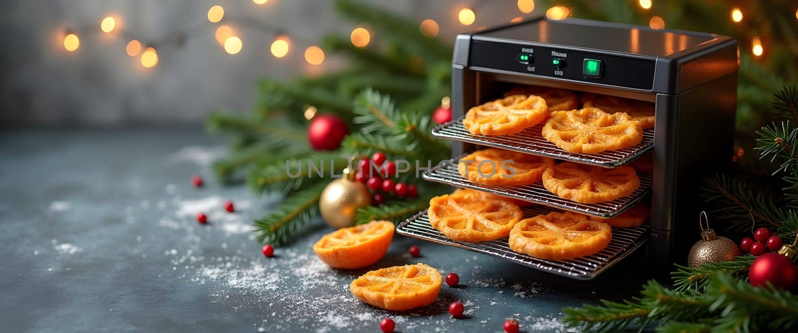 Dehydrator with coniferous branches, balls and lights, creating a cozy Christmas atmosphere