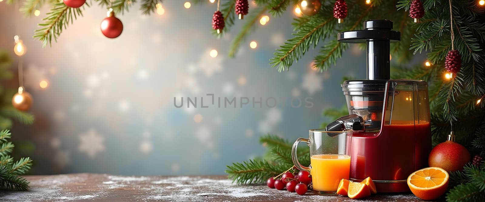 Juicer decorated with fir branches, ornaments, and lights for a cozy Christmas feel