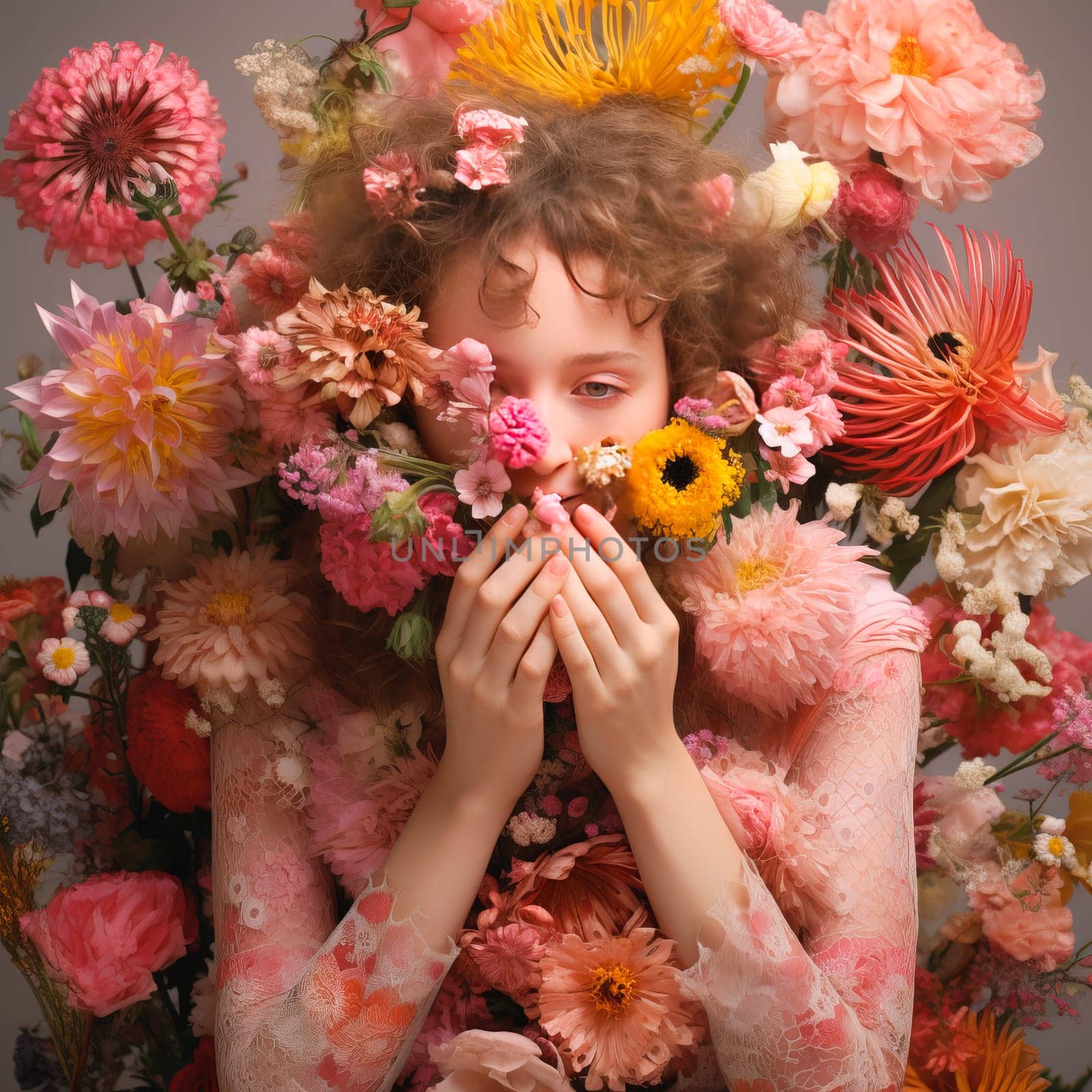 Beautiful woman in flowers. Ai art