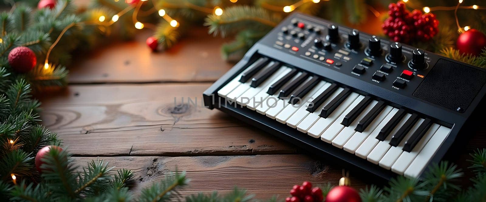 Synthesizer with festive fir branches, ornaments, and lights for cozy Christmas decor