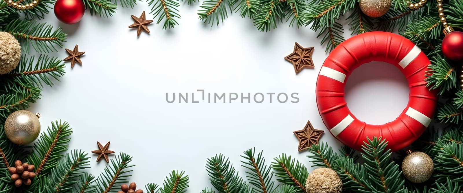 Lifebuoy with fir branches, ornaments, and lights for a cozy Christmas touch