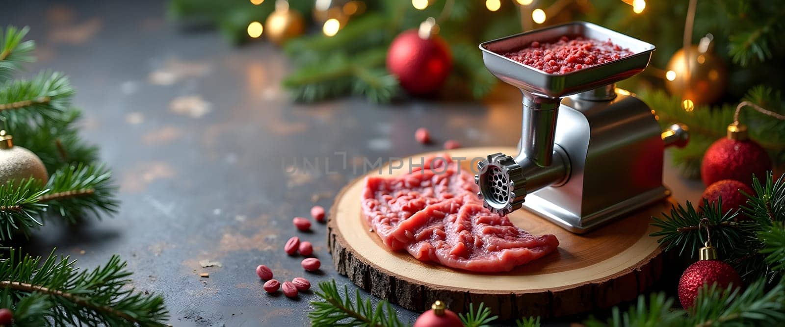 Meat grinder with fir branches, ornaments, and lights for a cozy Christmas touch