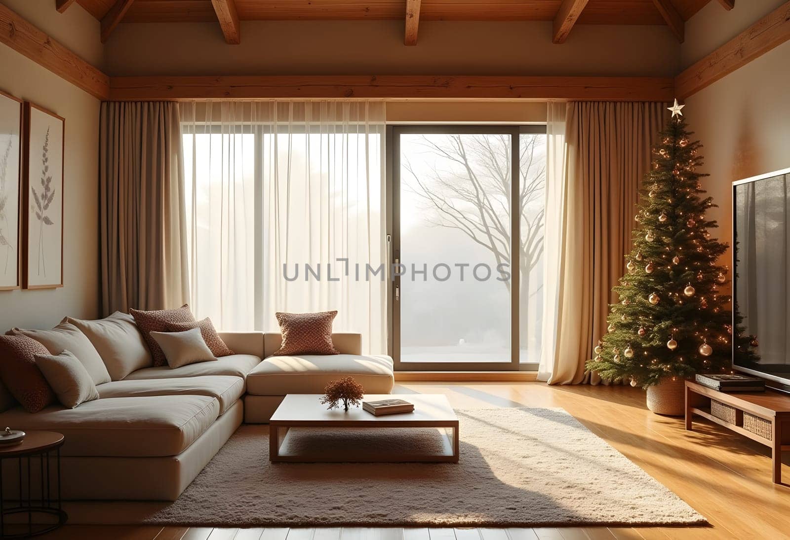 Living room with large window, Scandinavian minimalism, Christmas tree in corner, warm wooden tones