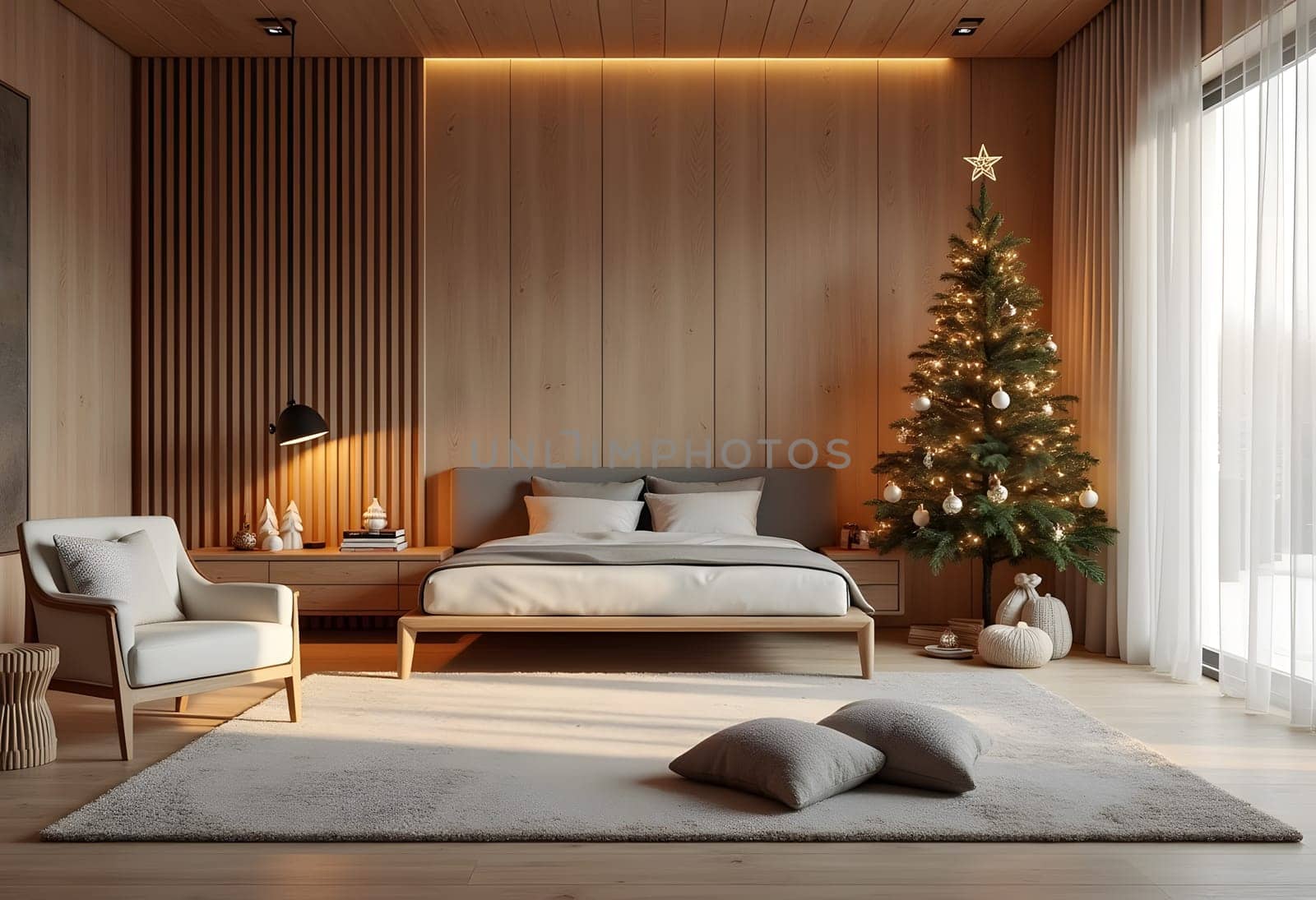 Bedroom with large window, Scandinavian minimalism, Christmas tree in corner, wooden tones
