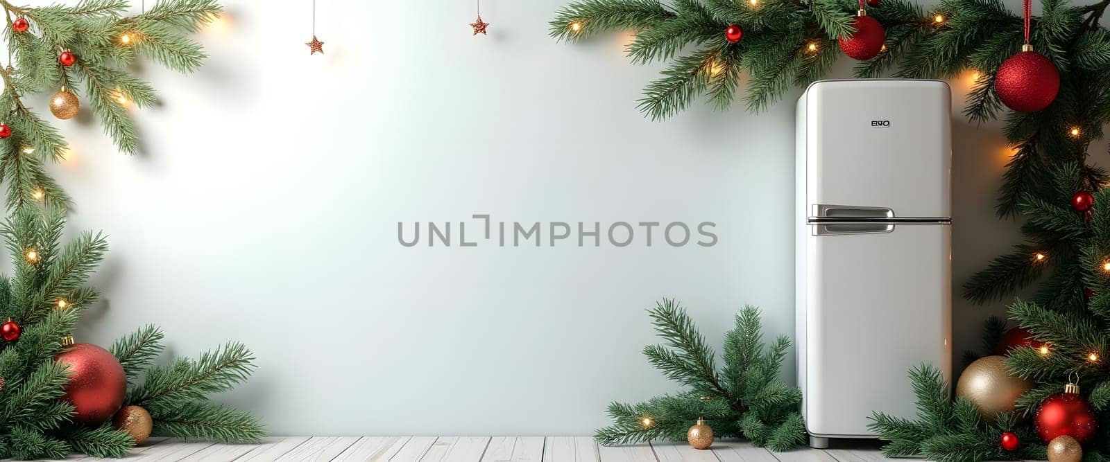 Refrigerator with fir branches, ornaments, and lights for a festive Christmas feel.