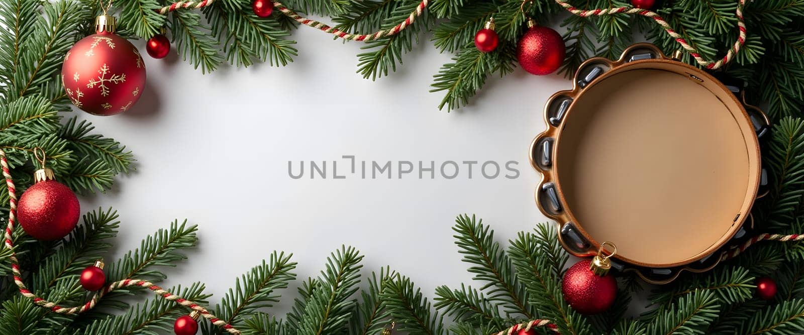Tambourine with fir branches, ornaments, and lights creating cozy Christmas setting