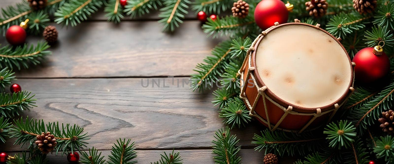 Drum decorated with fir branches, ornaments, and lights creating cozy Christmas ambiance