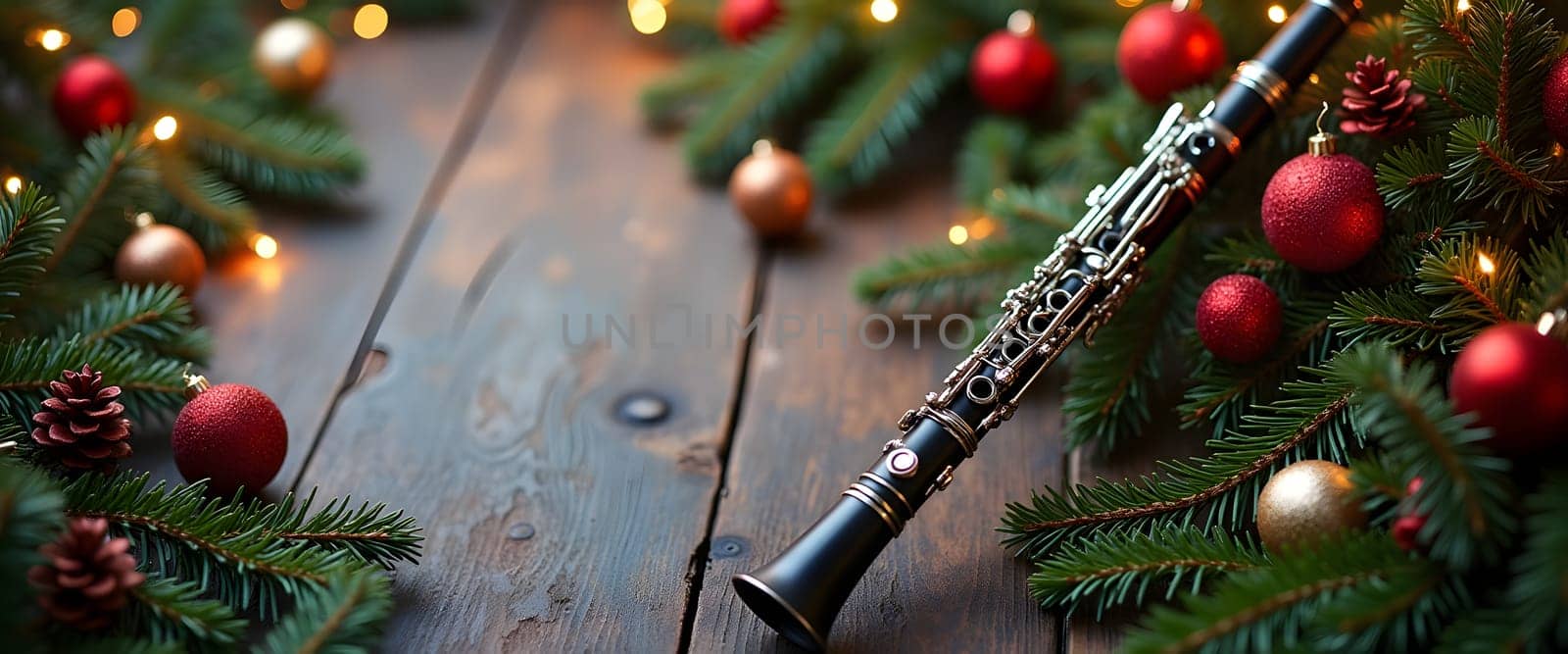 Clarinet with fir branches, ornaments, and lights creating a cozy Christmas atmosphere