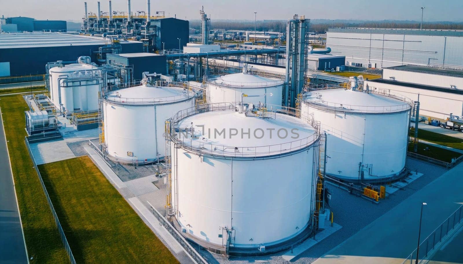 Large white industrial tanks for petroleum products storage in a refinery at sunset