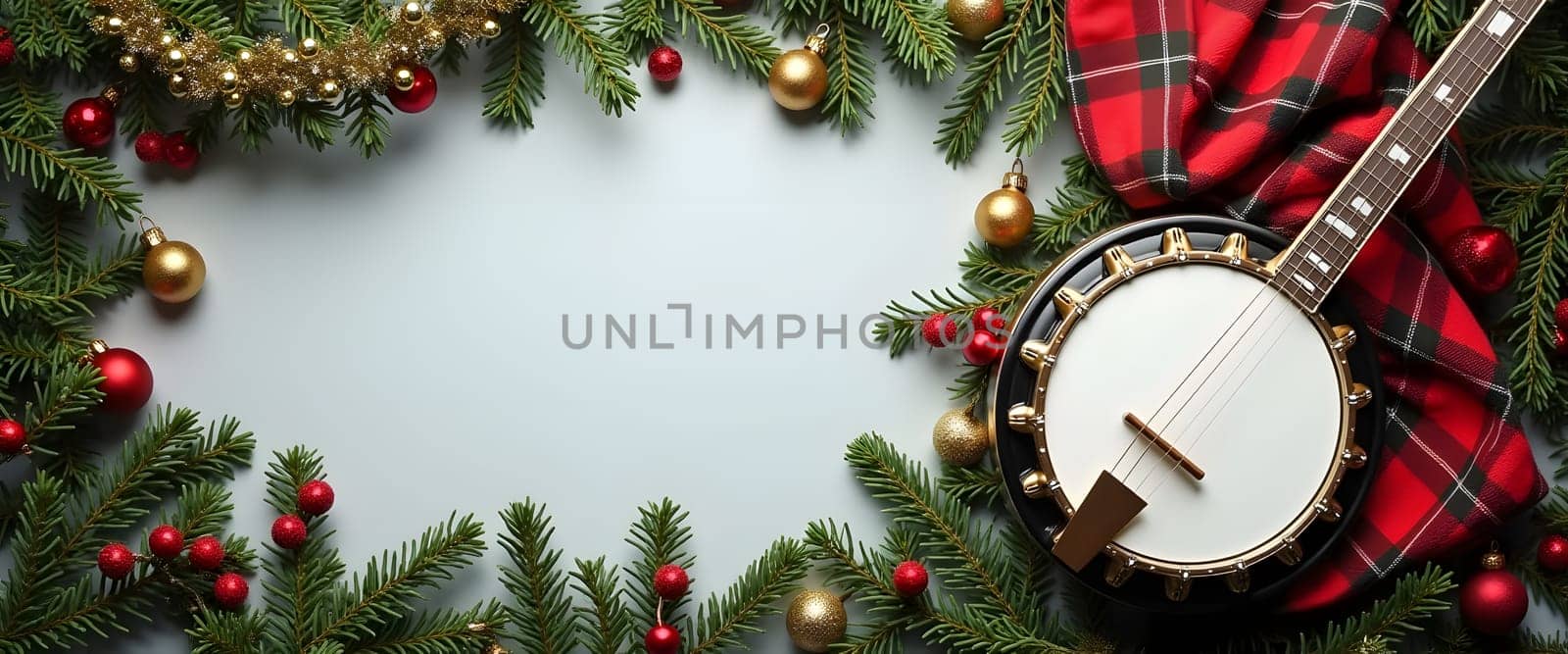 Banjo with fir branches, ornaments, and Christmas lights for cozy holiday decor