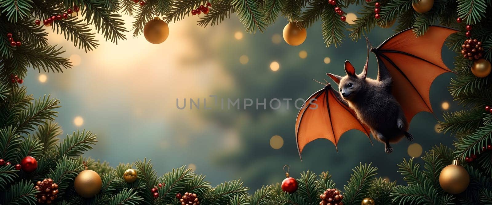 Bat with fir branches, ornaments, and lights creating a cozy Christmas ambiance